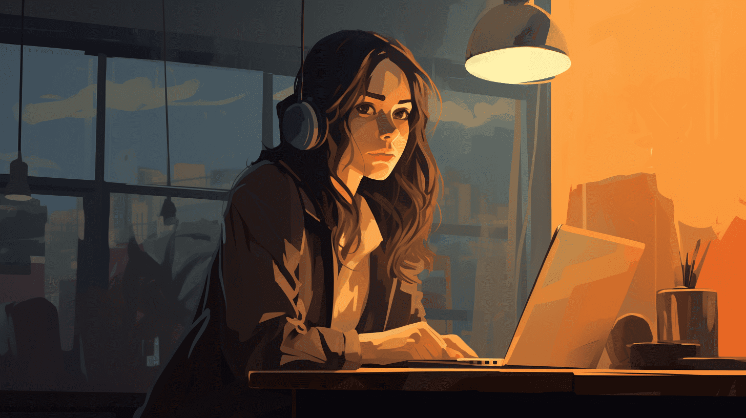 Writer at desk with earphones