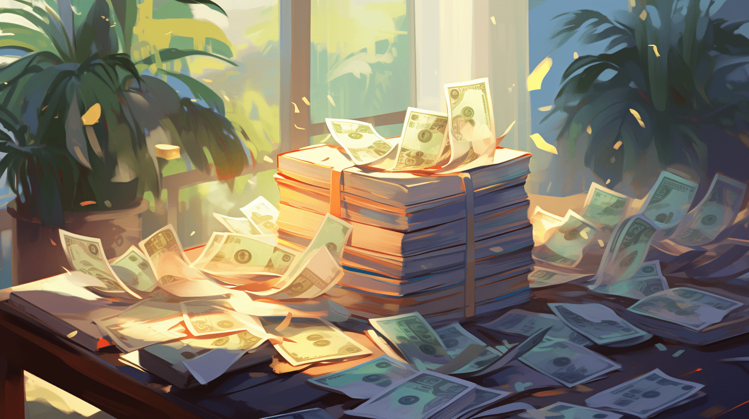a pile of money on a book