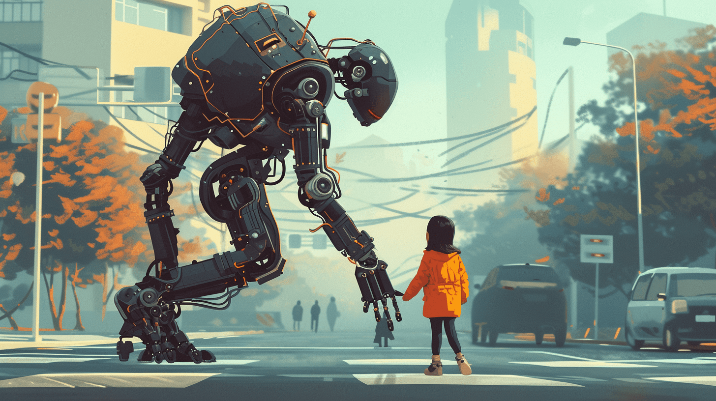 young girl crossing road with robot