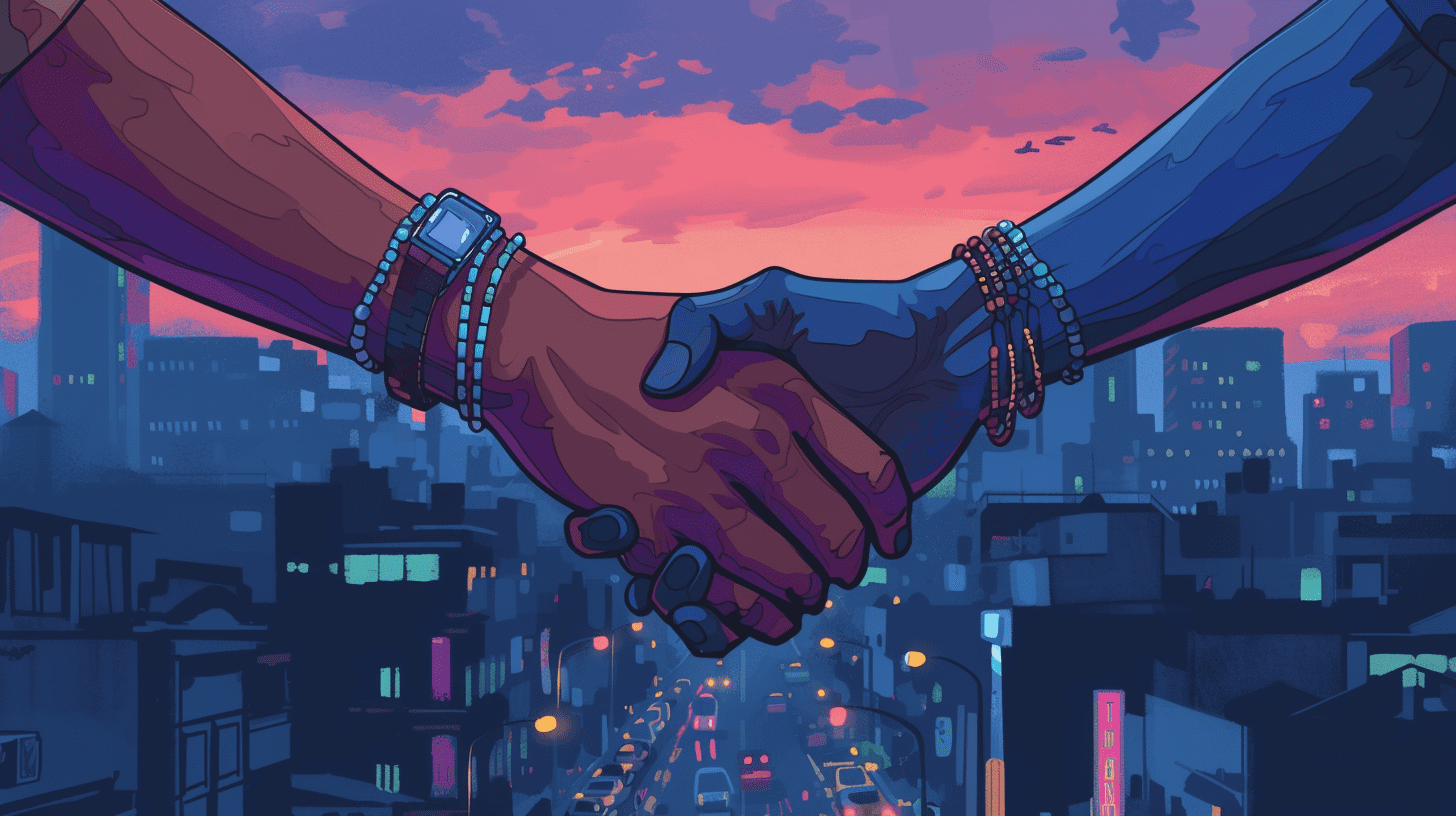 holding hands over cityscape romance prompt image