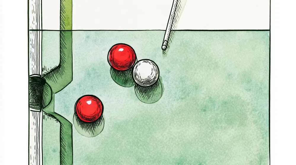 Illustration of a snooker table with balls and cue.