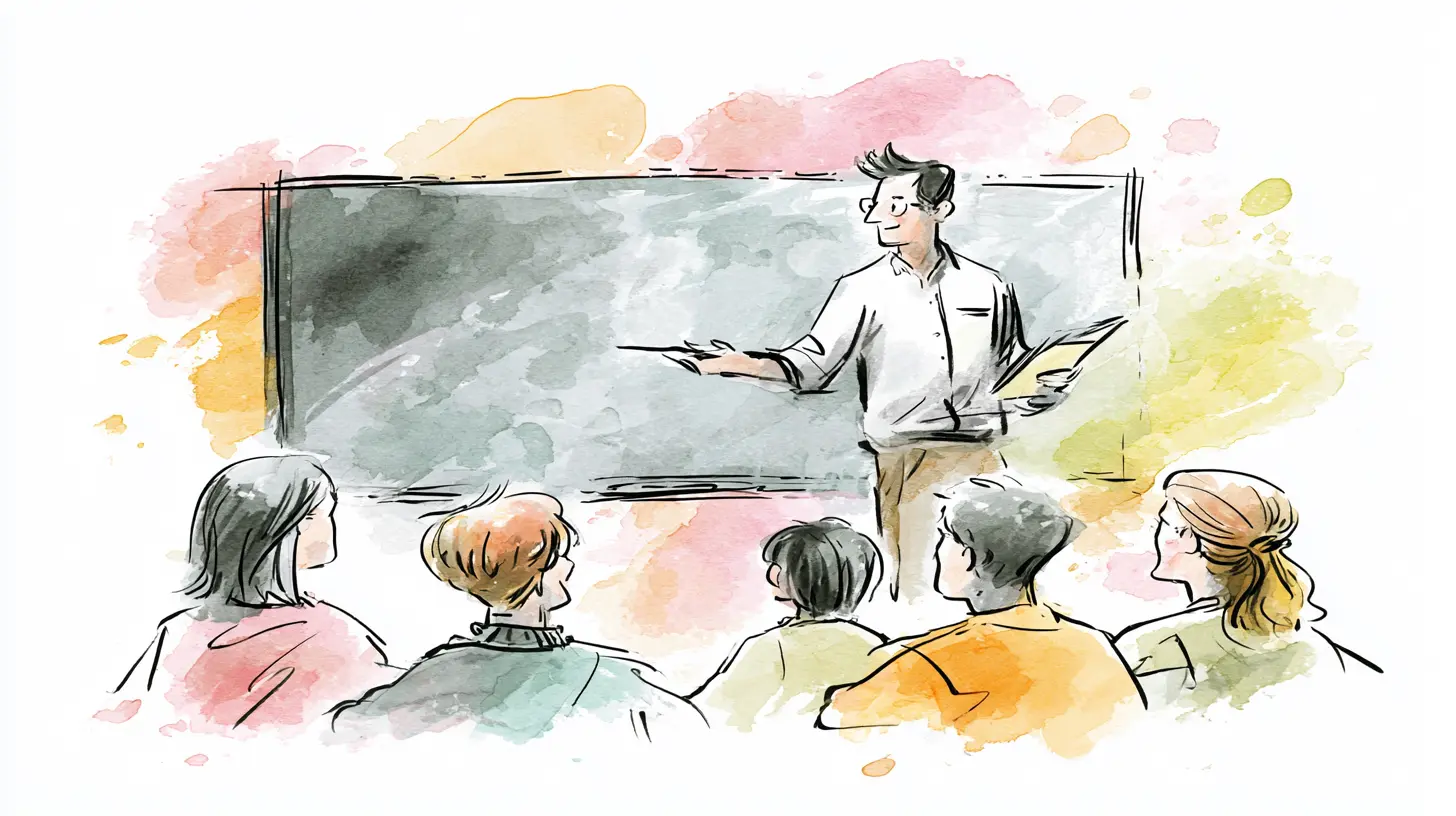 An instructor teaching a group of students in front of a blackboard.
