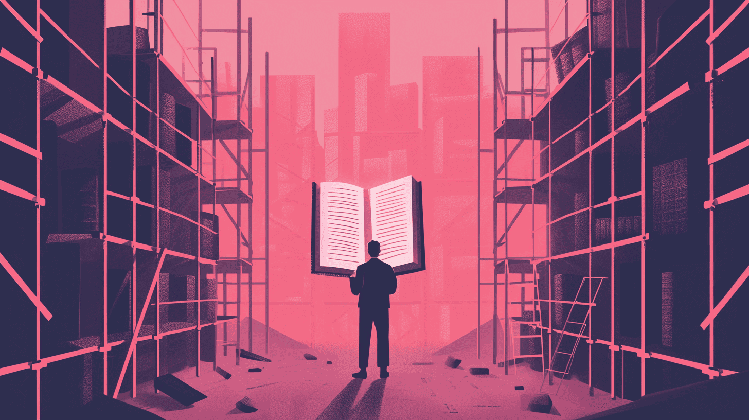 a man reading a book surrounded by scaffolding