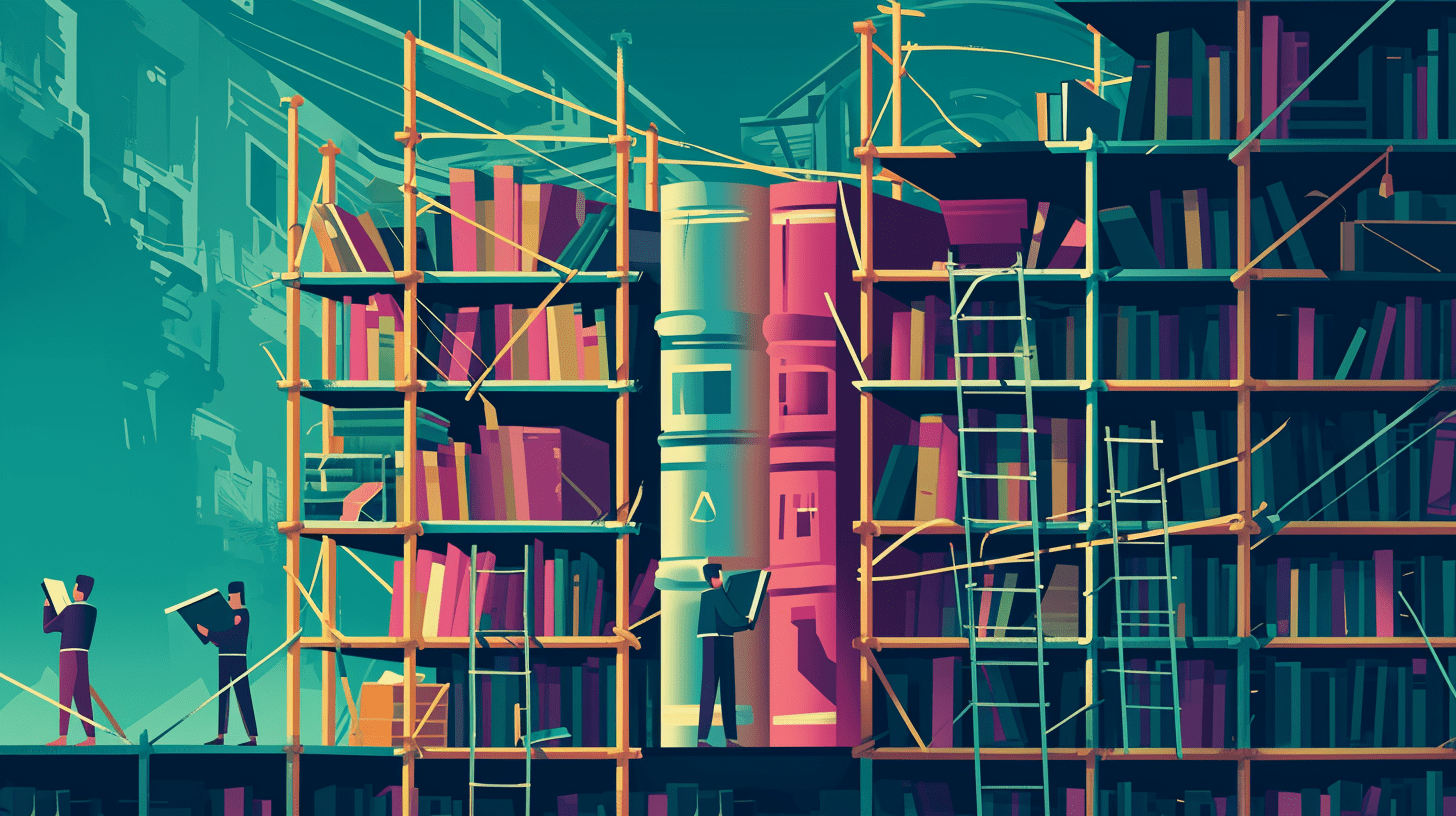 book surrounded by scaffolding