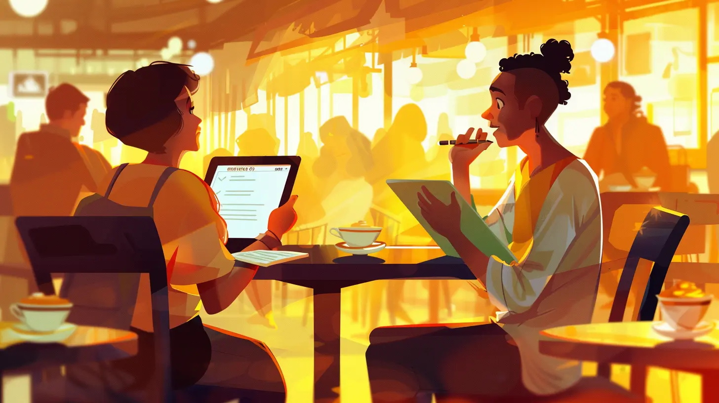Editor with a checklist talking to a writer